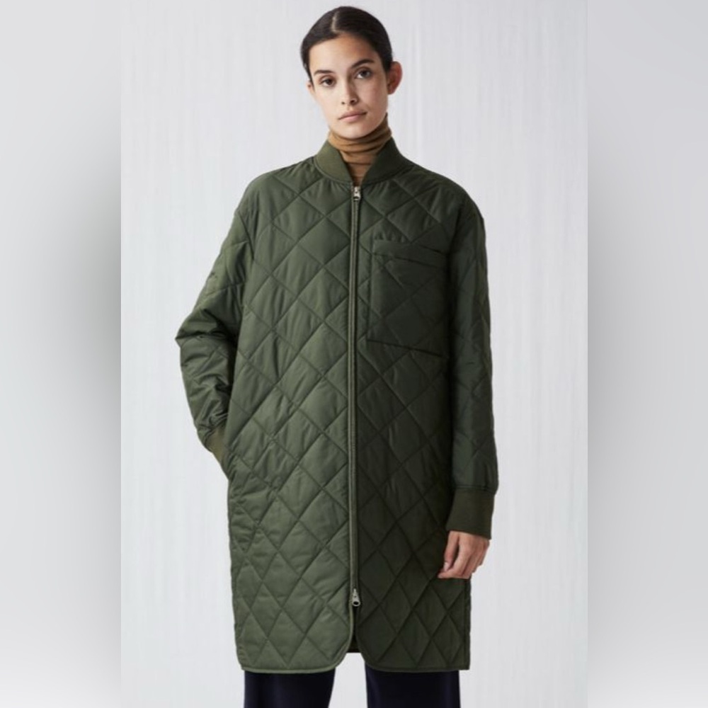 Arket Olive Green Quilted Long Puffer Coat